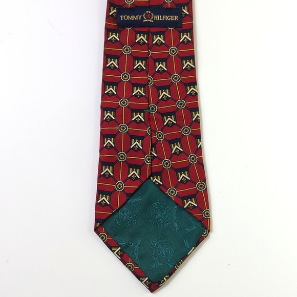 Tommy Hilfiger 90's Vintage Crest Banner Printed Italian Silk Neck Tie Red Navy - Picture 6 of 10